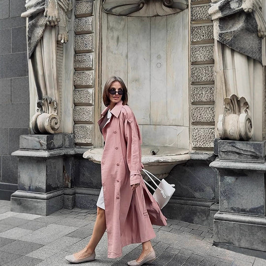 Damen Eleganter Trenchcoat mit hohem Kragen und seitlichen Schlitzen R&B