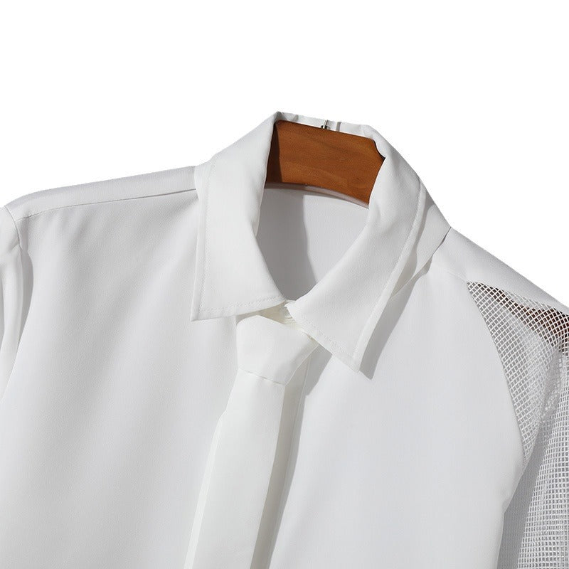 Damen nan fließende Hemdbluse mit angenähter Schluppe verdeckter Knopfleiste und einseitigem Netzärmeldetail R&B