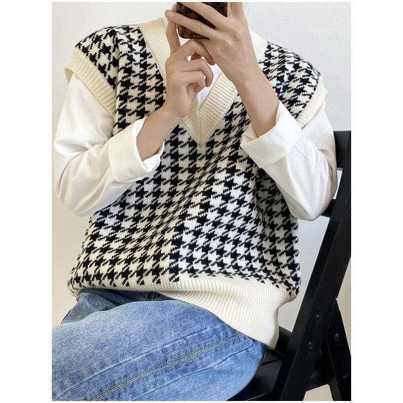 Damen modische Strickweste mit graphischem Hahnentrittmuster R&B