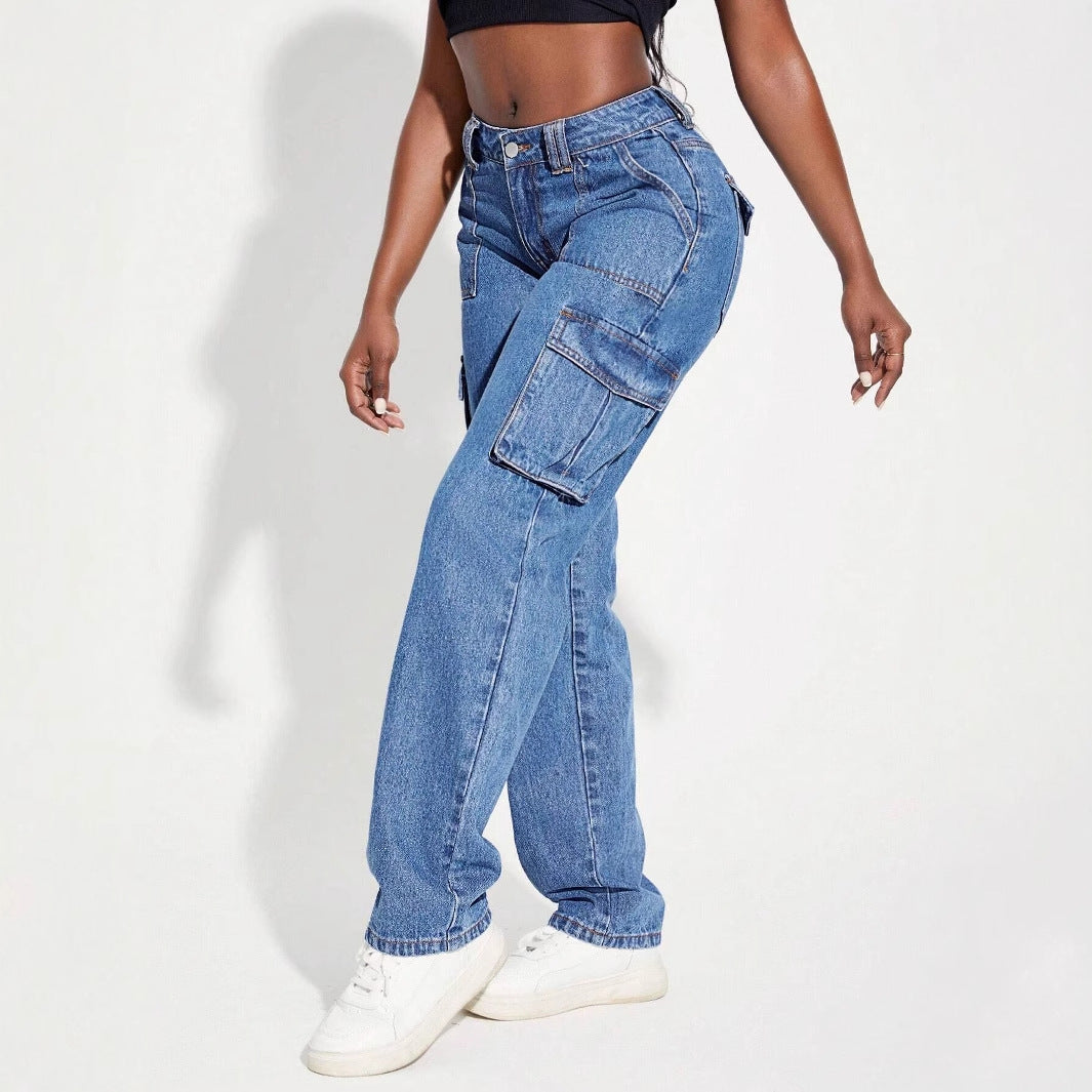 Damen Vintage Cargo Jeans mit elastischem Bund und seitlichen Taschen R&B