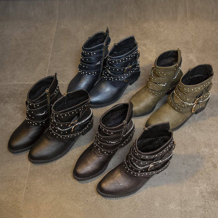 Damen modische Ankle Boots mit dekorativen Schnallen und stabiler Profilsohle R&B