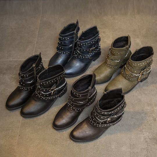 Damen modische Ankle Boots mit dekorativen Schnallen und stabiler Profilsohle R&B