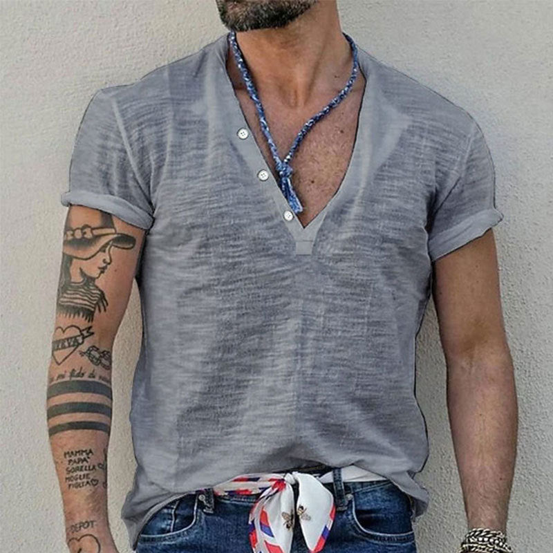 Herren Kurzarm Henley-Shirt mit dekorativen Knöpfen und atmungsaktiver Struktur R&B