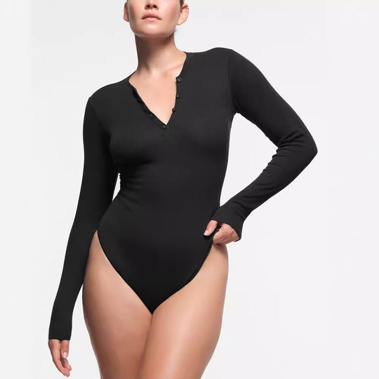 Damen Langarm-Bodysuit mit Knopfleiste R&B