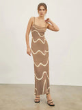 Damen Maxikleid mit modernem Wellenmuster und feinen Spaghettiträgern R&B