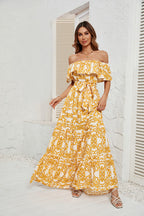 Damen Maxikleid mit schulterfreiem Design, frischem Blätterdruck und elastischer Taillierung R&B
