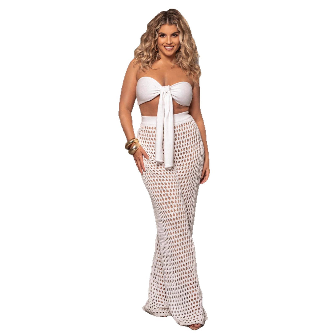 Damen Set aus gehäkeltem Oberteil und weitem Palazzo-Hosen R&B