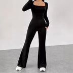Damen Langarm Jumpsuit mit elegantem Quadrat-Ausschnitt und weitem Bein R&B