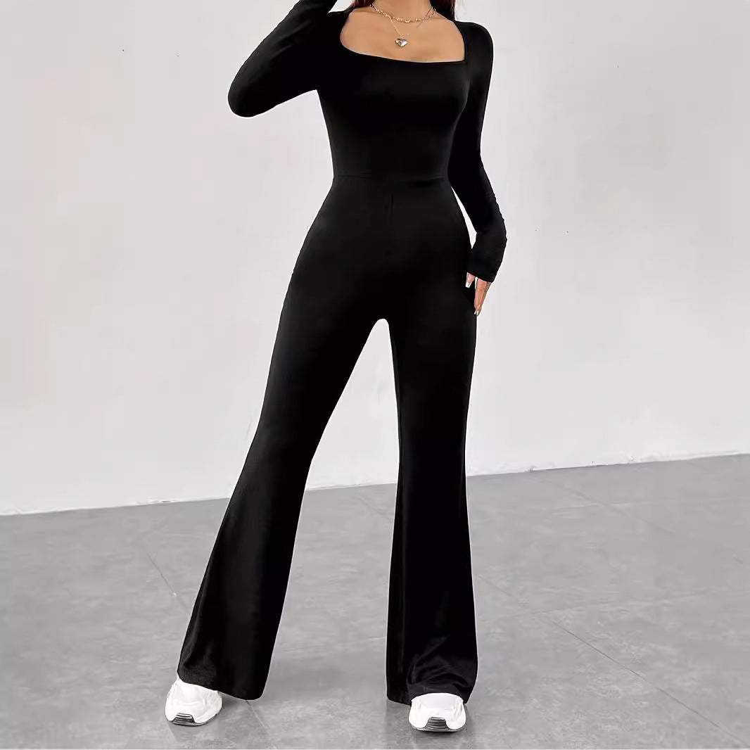 Damen Langarm Jumpsuit mit elegantem Quadrat-Ausschnitt und weitem Bein R&B