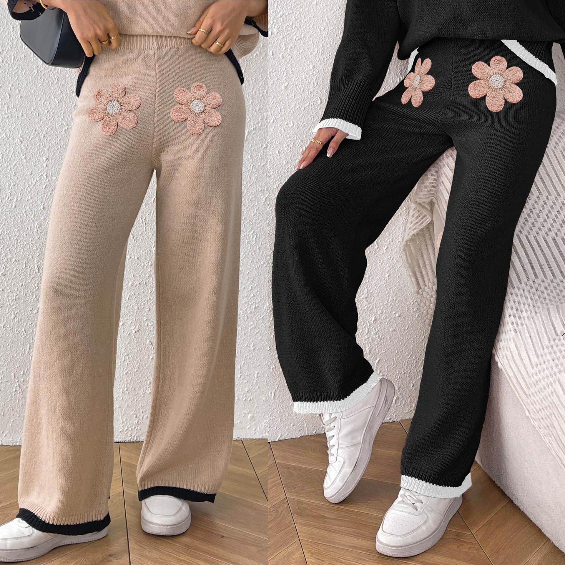 Damen bequeme Strickhose mit floralem Applikationsdesign R&B