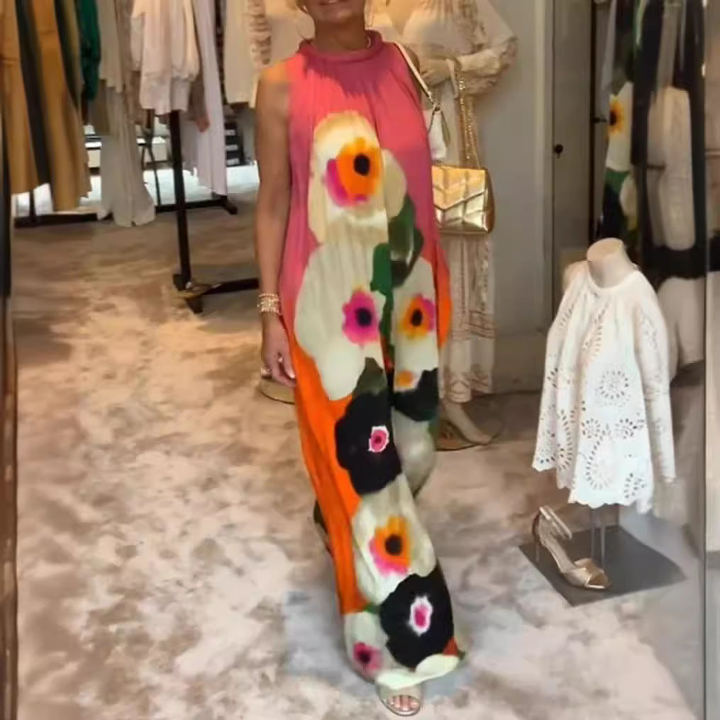 Damen nan ärmelloses Maxikleid mit gerafftem Stehkragen, weitem Palazzoschnitt und großfloralem Druck R&B