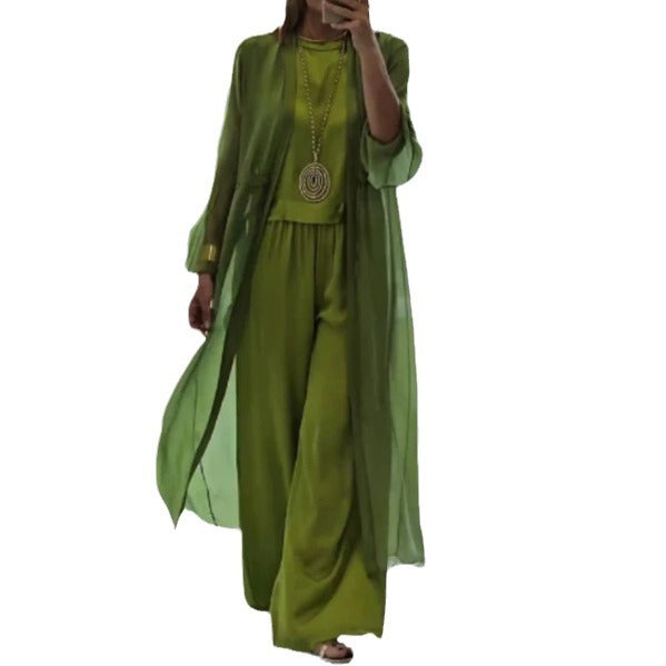 Damen nan eleganter Chiffon-Zweiteiler mit weiter geschnittener Palazzohose und langem Kimono-Überwurf R&B