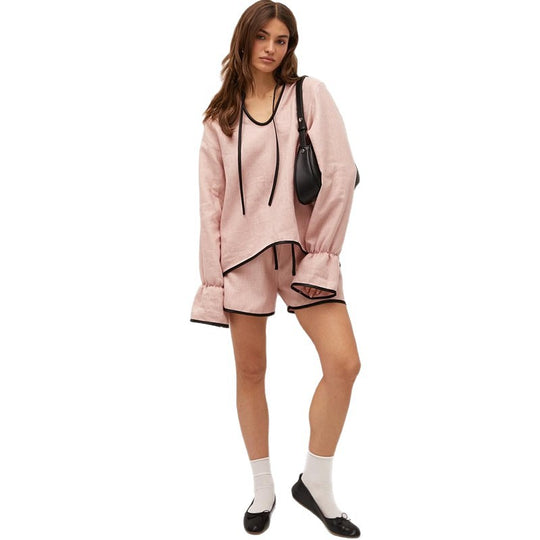 Damen luftiges Leinen-Loungewear-Set mit lockerem Oberteil und Shorts R&B