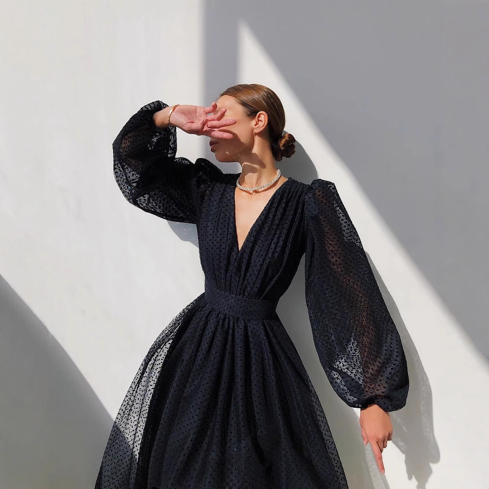 Damen Kleid mit transparentem Puffärmel und floralem Punkte-Design R&B