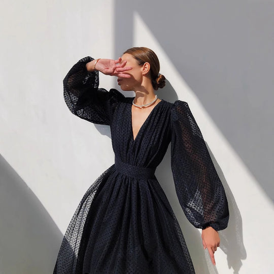 Damen Kleid mit transparentem Puffärmel und floralem Punkte-Design R&B