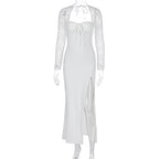Damen Elegante Maxikleid mit transparenter Spitzenoberfläche und seitlichem Schlitz R&B