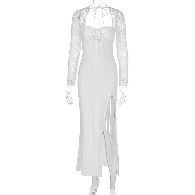 Damen Elegante Maxikleid mit transparenter Spitzenoberfläche und seitlichem Schlitz R&B