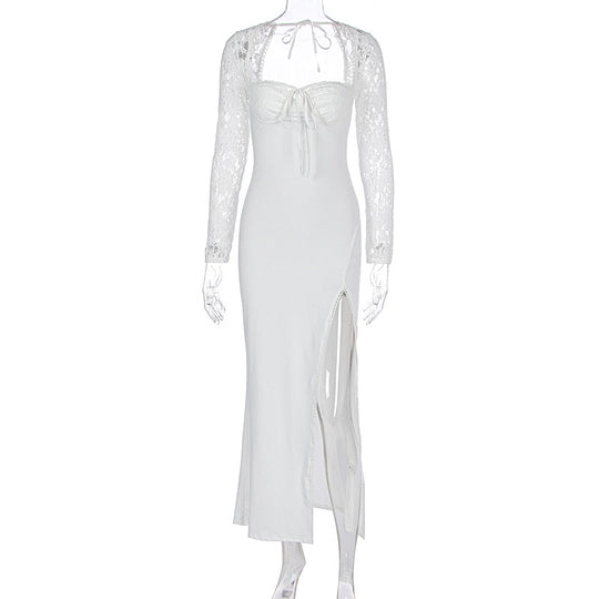 Damen Elegante Maxikleid mit transparenter Spitzenoberfläche und seitlichem Schlitz R&B