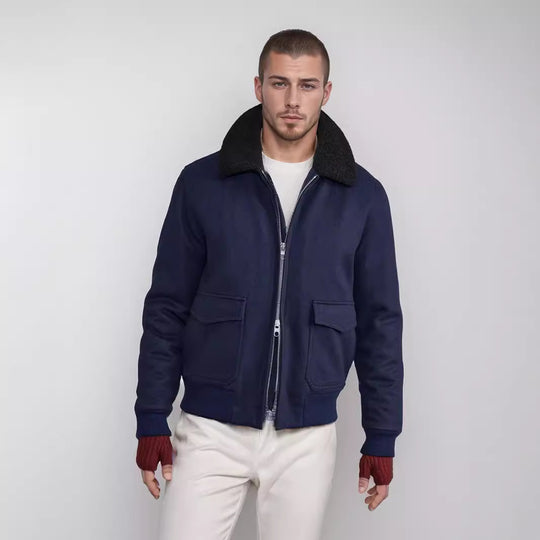 Herren modische Bikerjacke aus hochwertigem Wollmix mit warmem Futter R&B