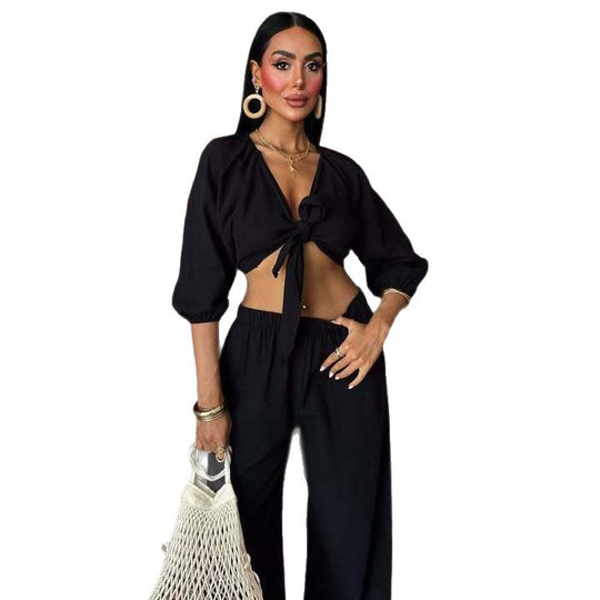 Damen elegantes Zwei-Teiler-Set mit Knotenoberteil und weitem Bein R&B