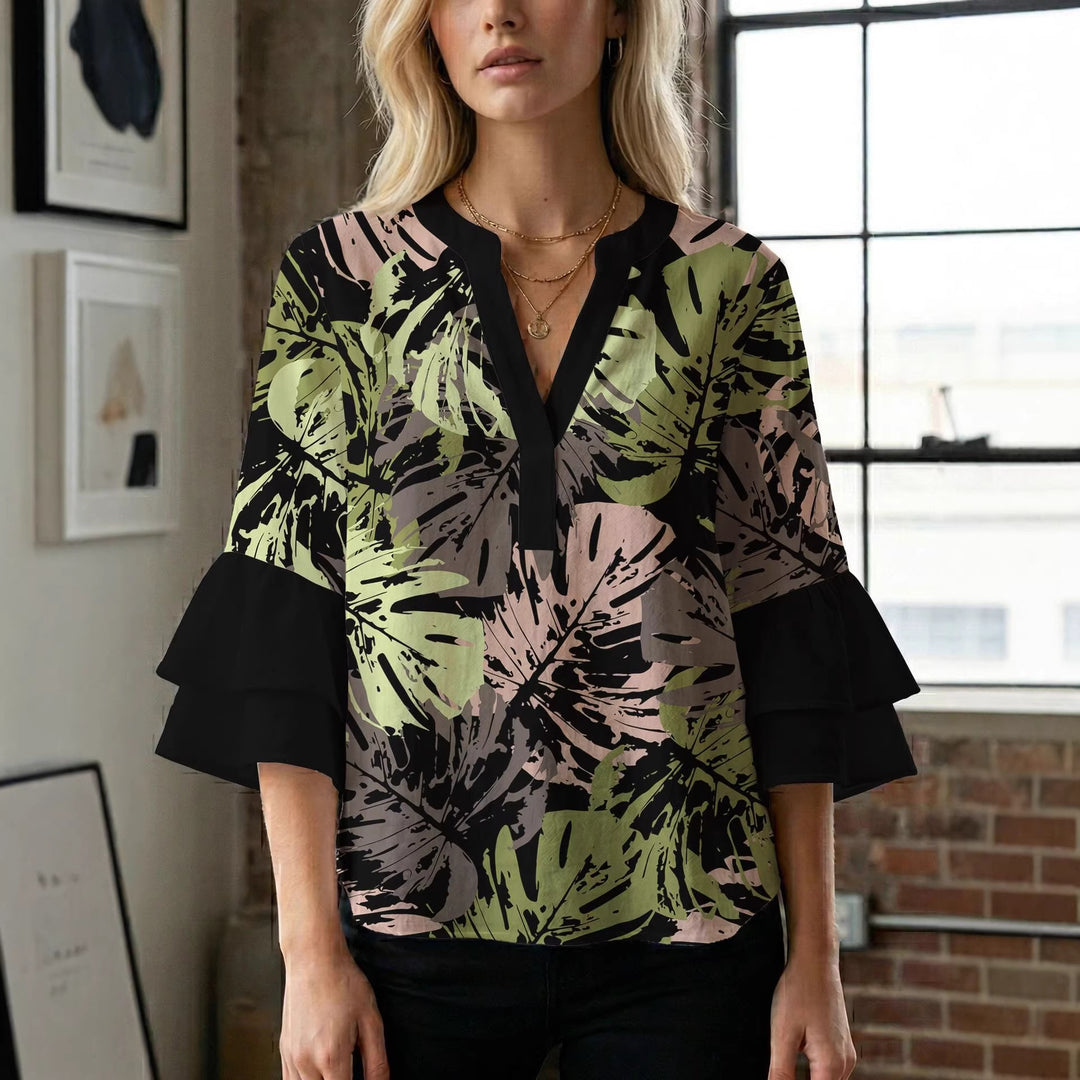 Damen Blusenshirt mit voluminösen Ärmeln und kreativem Druckdesign R&B