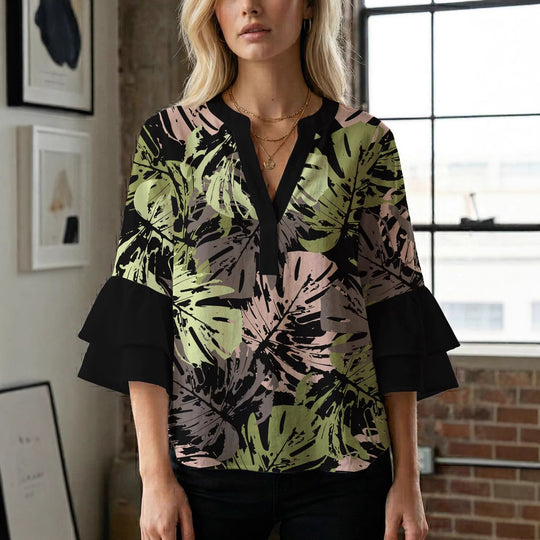 Damen Blusenshirt mit voluminösen Ärmeln und kreativem Druckdesign R&B