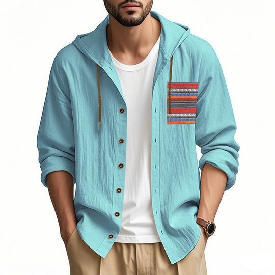Herren nan leichte Kapuzenhemdjacke aus strukturierter Baumwollmischung mit Ethno‑Brusttasche und Knopfleiste R&B