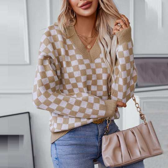Damen lässiger V-Ausschnitt Pullover mit Karo-Muster und lockerer Passform R&B
