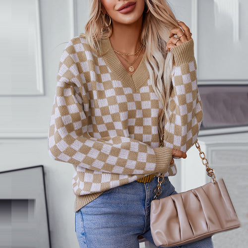 Damen lässiger V-Ausschnitt Pullover mit Karo-Muster und lockerer Passform R&B
