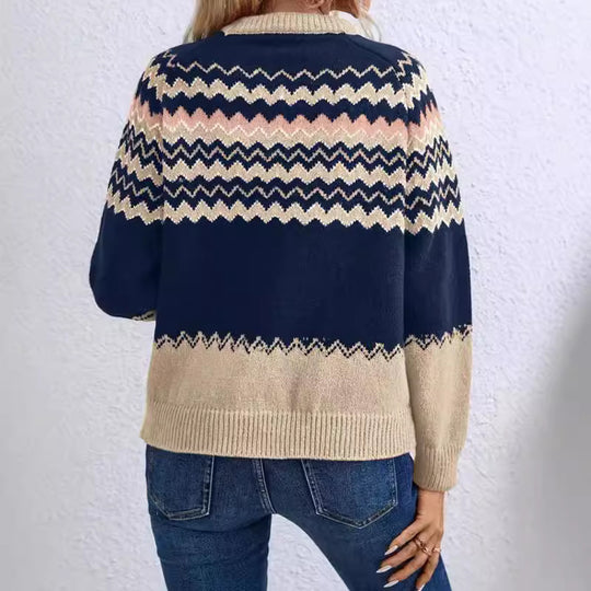 Damen Pullover mit Wellenmuster und klassischem Rundhalsausschnitt R&B