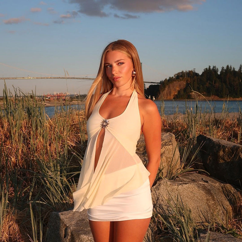 Damen transparentes Strandtop mit raffiniertem Wickeldesign R&B