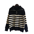 Damen gestreifter Pullover mit modernem Stehkragen und kurzer Reißverschluss R&B