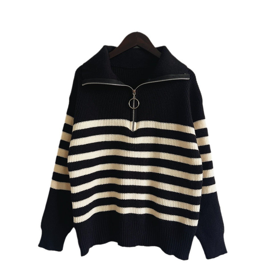 Damen gestreifter Pullover mit modernem Stehkragen und kurzer Reißverschluss R&B