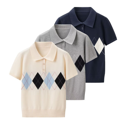 Damen Poloshirt mit modernem Rautenmuster und feinem Baumwollstoff R&B