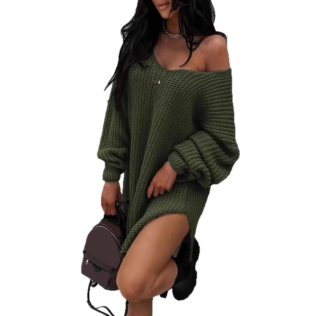 Damen lässiger Strickpullover mit tiefem V-Ausschnitt und ballonförmigen Ärmeln R&B