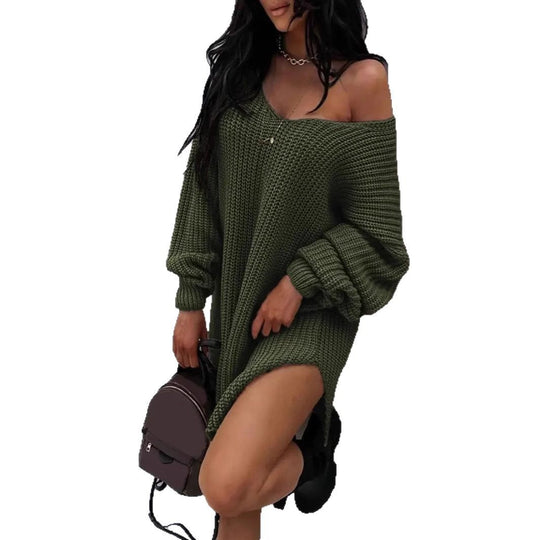 Damen lässiger Strickpullover mit tiefem V-Ausschnitt und ballonförmigen Ärmeln R&B