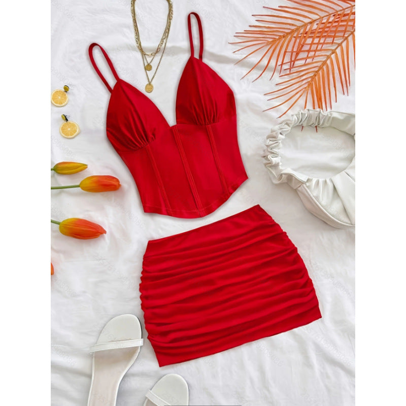 Damen Crop-Top und Mini-Rock Set mit Rüschendetails R&B