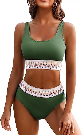 Damen Hochgeschnittener Sport-Bikini mit farbigem Bund R&B