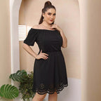 Damen Off-Shoulder Kleid mit dekorativem Lochmuster R&B