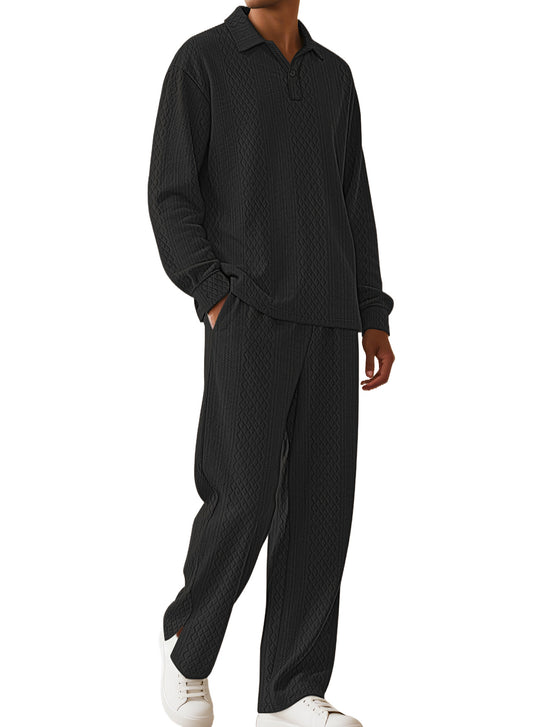 Herren nan Jacquard-Strickset mit Polokragen, legerer Passform und gerader Hose R&B