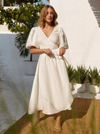 Damen Lässiges Leinenkleid mit Ballonärmeln und Tailliertem Gürtel R&B