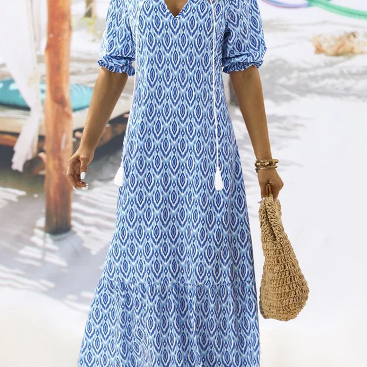 Damen Maxikleid mit modernem Boho-Design und lässigem V-Ausschnitt Heidi-Mode