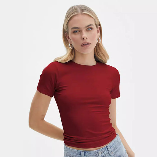 Damen figurbetontes T-Shirt mit Rundhalsausschnitt und kurzem Arm R&B
