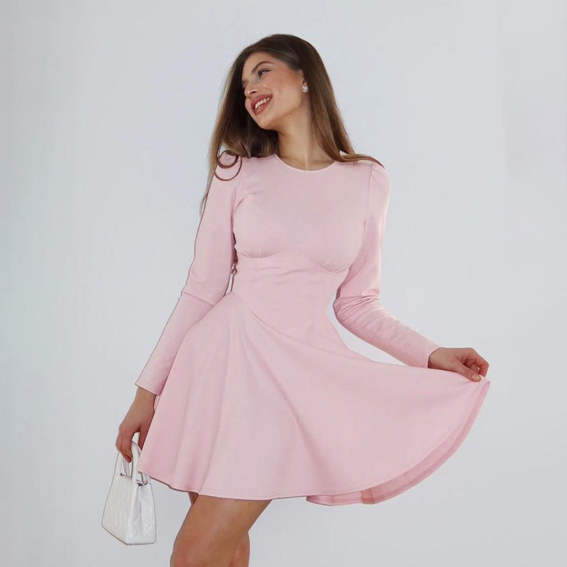 Damen elegantes Minikleid im klassischen A-Linien-Schnitt mit langen Ärmeln und schickem Herzausschnitt R&B