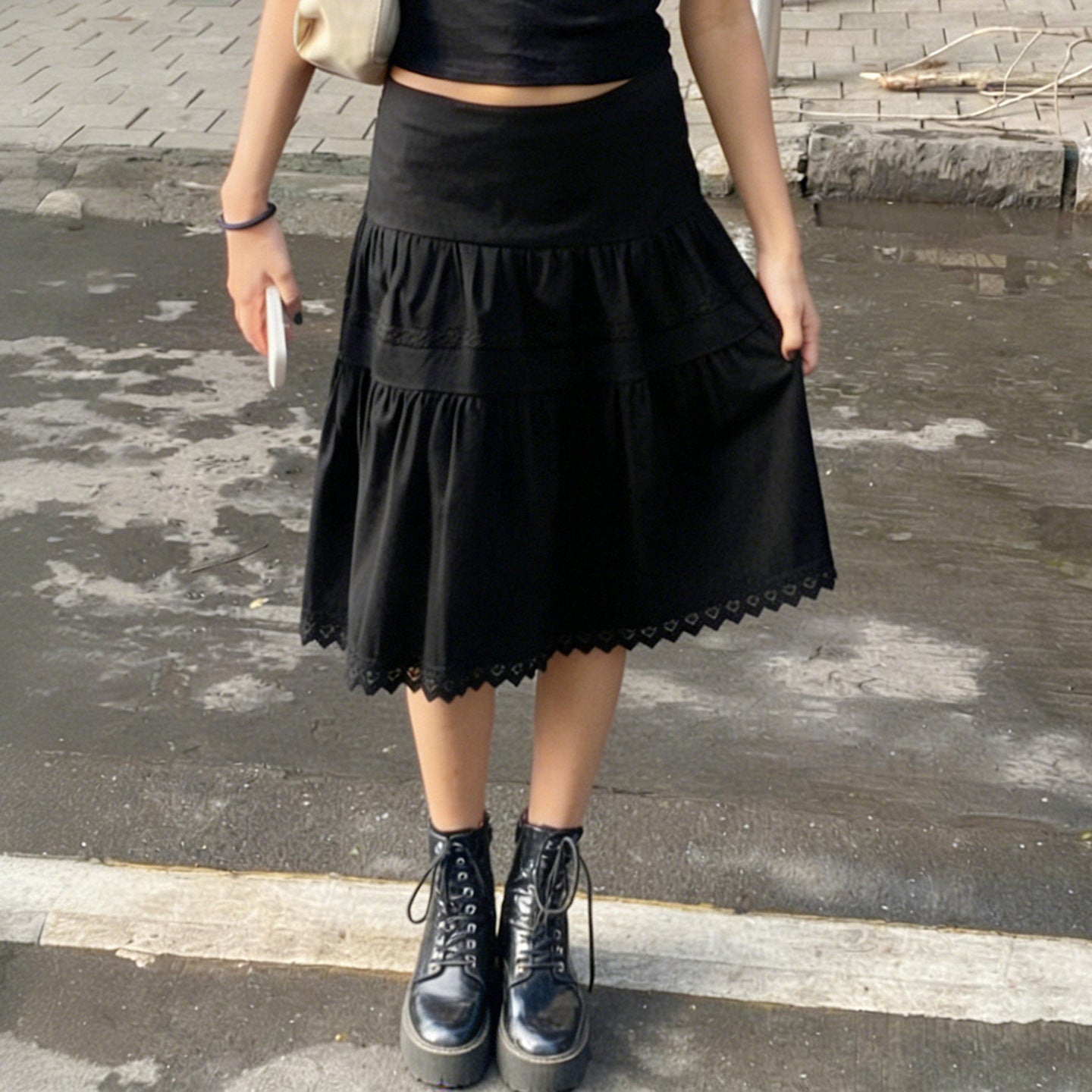 Damen eleganter gestufter Rock mit Spitzendetails R&B