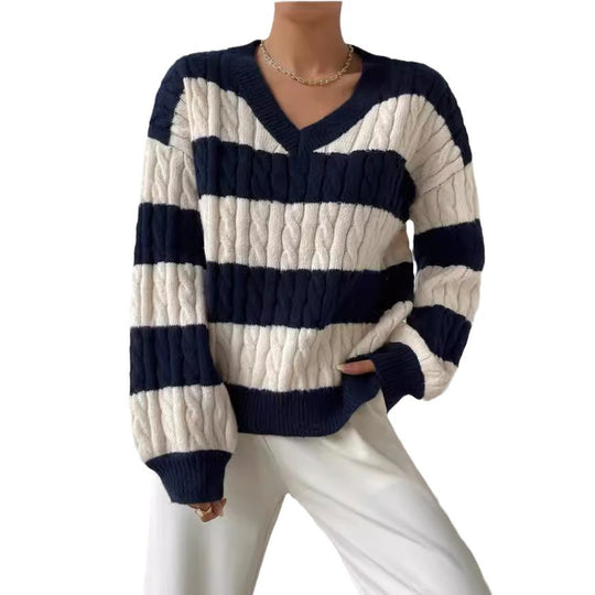 Damen V-Ausschnitt Strickpullover mit Rippstruktur und langen Ärmeln R&B