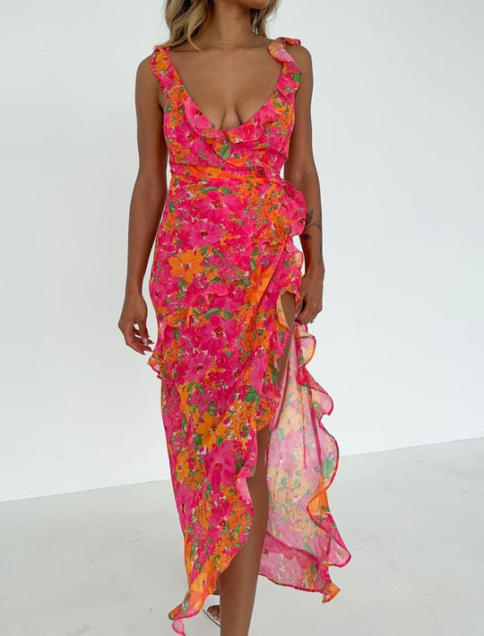 Damen Maxikleid mit asymmetrischem Saum und voluminösen Rüschen R&B
