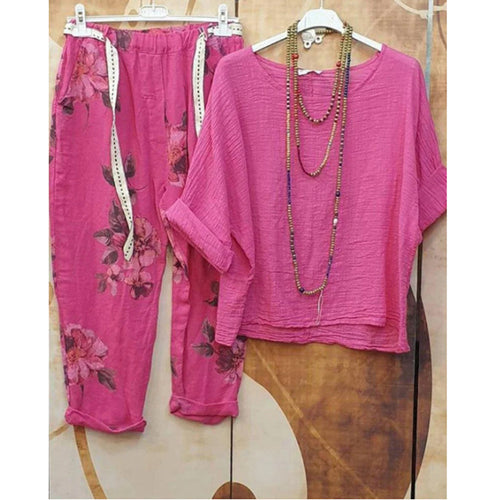Damen nan leichtes Crinkle-Zweiteiler-Set mit lockerem U-Boot-Top und floral bedruckter Joggerhose R&B
