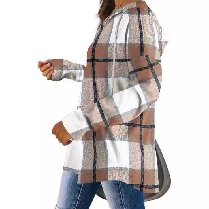 Damen lässige Karobluse mit Kapuze R&B