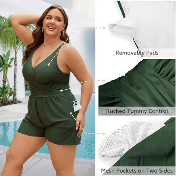 Damen Playsuit mit tiefem V-Ausschnitt und seitlichen Taschen R&B